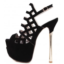 Black Suede Strappy Slingback Platforms Gold Stiletto High Heels Sandals Shoes