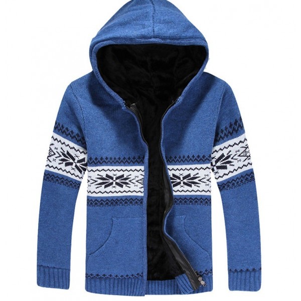 Blue Snowflakes Old School Knitted Long Sleeves Mens Cardigan Hoodie Hooded Jacket