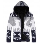 Blue Snowflakes Reindeers Knitted Long Sleeves Mens Cardigan Hoodie Hooded Jacket