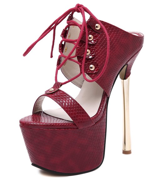 Burgundy Lace Up Platforms Gold Stiletto High Heels Sandals Shoes