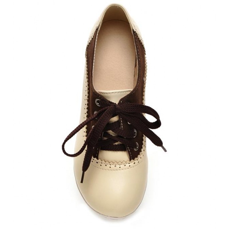 Cream Brown Vintage Chunky Sole Block Lace Up Heels Platforms Oxfords Shoes
