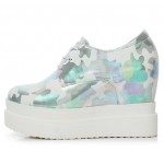Blue Metallic Camouflage Lace Up Platforms Wedges Oxfords Sneakers Shoes