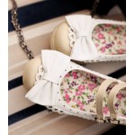Khaki White Bow Lace Trim Double Straps Sweet Mary Jane Heels Shoes