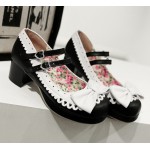 Black White Bow Lace Trim Double Straps Sweet Lolita Mary Jane Heels Shoes
