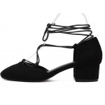 Black Suede Round Head Ankle Straps Strappy Mid Heels Shoes