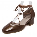 Brown Patent Leather Round Head Ankle Straps Strappy Mid Heels Shoes