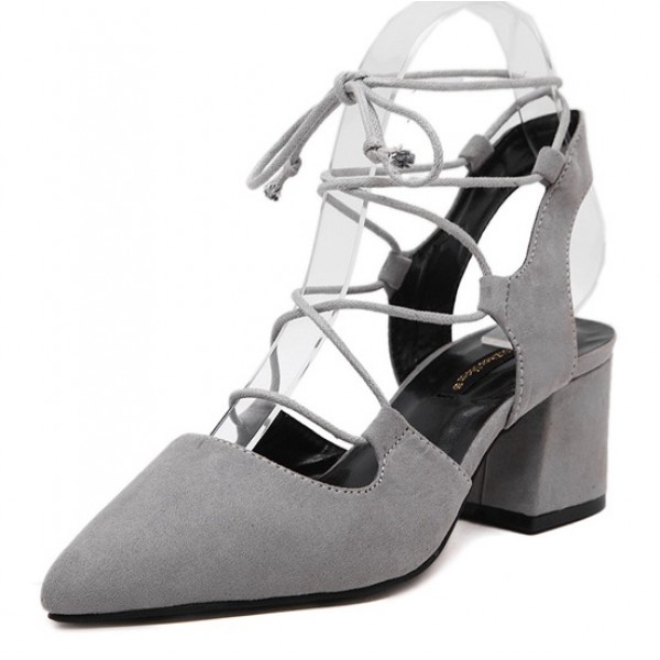 Grey Suede Point Head Ankle Straps Strappy High Heels Shoes