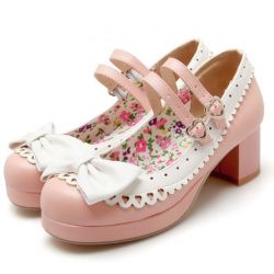 Pink White Bow Lace Trim Double Straps Sweet Mary Jane Heels Shoes