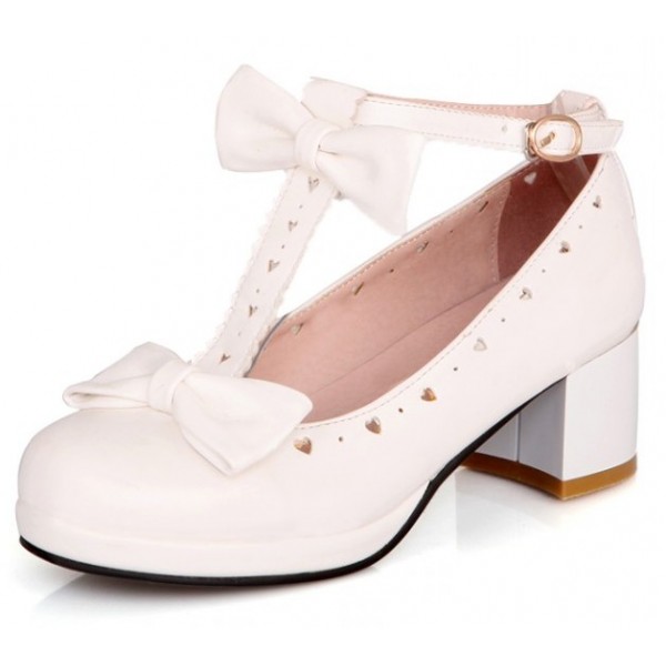 White Heart Bow T Straps Sweet Mary Jane Heels Shoes