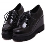 Black Patent Lace Up Wedges Platforms Oxfords Shoes