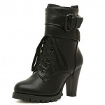 Black Straps High Top Lace Up Combat Rider High Heels Boots