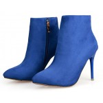 Blue Royal Suede Point Head Stiletto High Heels Ankle Boots