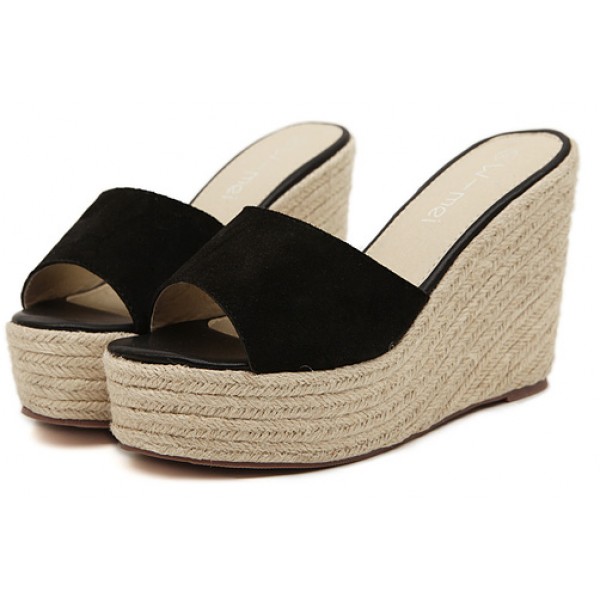 Black Suede Straw Knitted Platforms Wedges Sandals Shoes