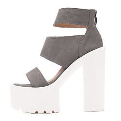 Grey Suede Straps White Block Chunky Cleated Sole High Heels Platforms Sandals Shoes