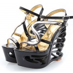 Black Patent Gold Swril Butterfly Platforms Wedges Sandals Shoes
