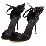 Black Satin Glitter Back Butterfly Evening Stiletto High Heels Sandals Shoes