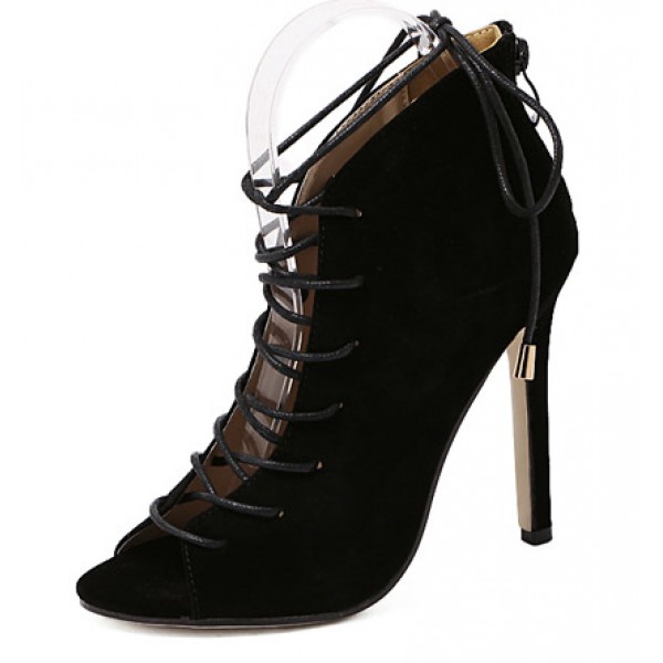 Black Suede Lace Up Gladiator Stiletto High Heels Ankle Boots Shoes