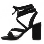 Black Suede Strappy Gladiator Block High Heels Sandals Shoes