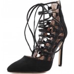 Black Suede Pointed Head Gladiator Straps Stiletto High Heels Shoes