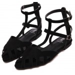 Black Suede Hollow Out Strappy Point Head Roman Flats Sandals Shoes