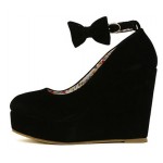 Black Suede Bow Ankle Strap Platforms Wedges Shoes