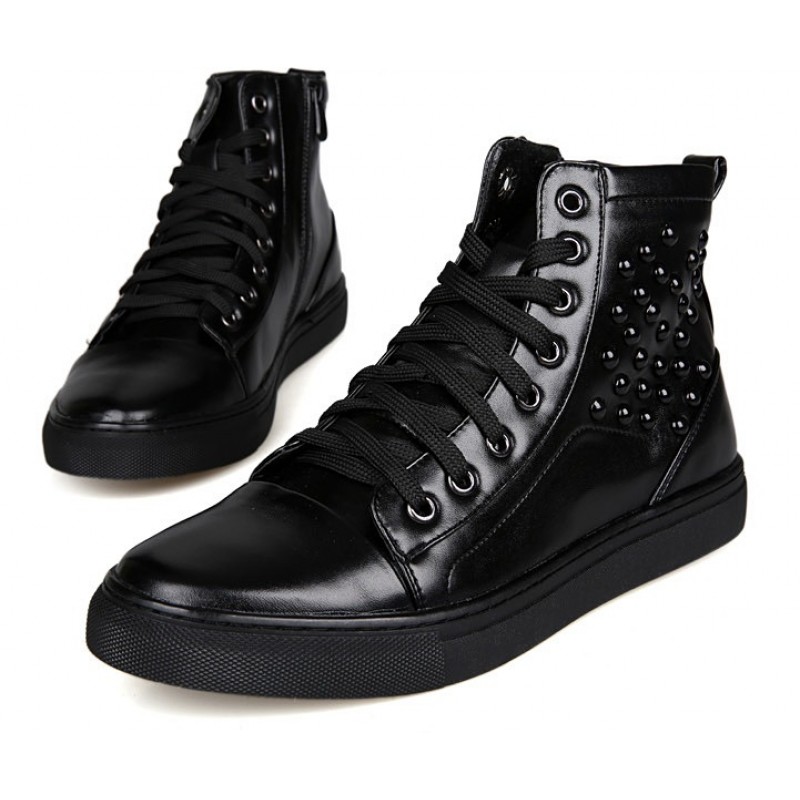 Black Patent Studs High Top Lace Up Punk Rock Sneakers Mens Shoes