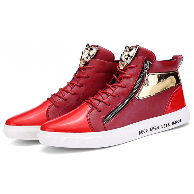 Red Patent Gold Lace Up Side Zipper High Top Mens Sneakers Shoes Boots