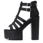 Black T Strap Block Chunky Sole High Heels Gladiator Platforms Sandals Shoes