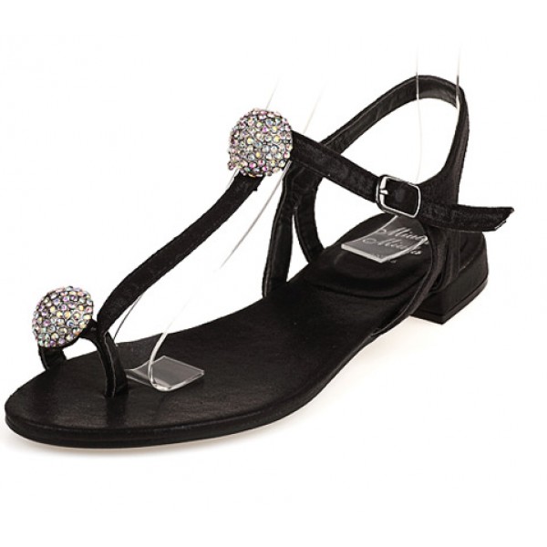 Black Diamante Crystals Balls T Strap Fancy Bridal Flats Evening Sandals Shoes