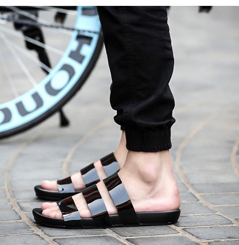 Black Glossy Tri Straps Mens Gladiator Roman Sandals