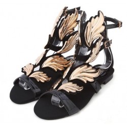 Black Suede Straps Gold Angel Wings Gladiator Evening Sandals Shoes