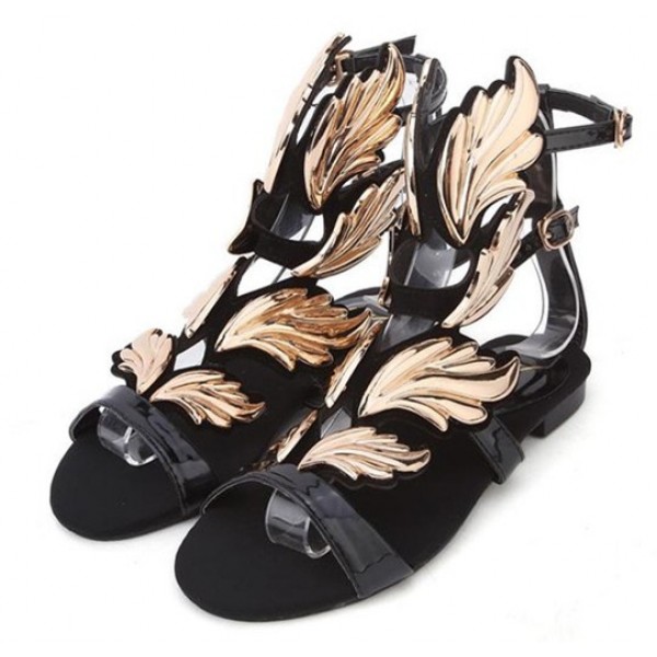 Black Suede Straps Gold Angel Wings Gladiator Evening Sandals Shoes