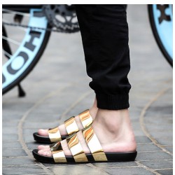 Gold Metal Shiny Tri Straps Mens Gladiator Roman Sandals