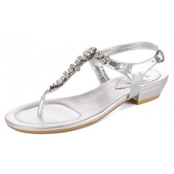 Silver Diamante Crystals Embellished T Strap Bridal Evening Sandals Shoes