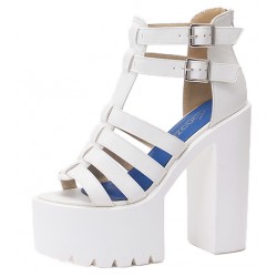 White T Strap Block Chunky Sole High Heels Gladiator Platforms Sandals Shoes