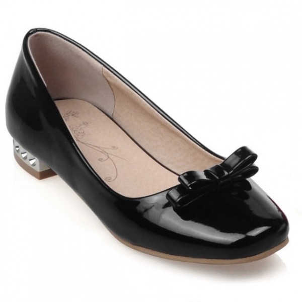 Black Bow Patent Leather Blunt Head Silver Heels Ballerina Ballet Flats Shoes