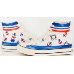 White Blue Sailor Navy Anchors High Top Lace Up Sneakers Boots Shoes