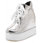 Silver Metallic Shiny Mirror Platforms Lace Up High Top Wedges Sneakers Shoes