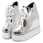 Silver Metallic Shiny Mirror Platforms Lace Up High Top Wedges Sneakers Shoes