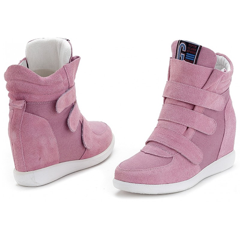 Pink Suede Velcro Platforms Sole High Top Hidden Wedges Womens Sneakers ...