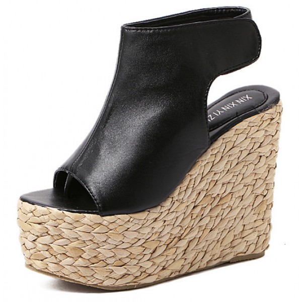 Black Peeptoe Braided Straw Knitted Slingback Platforms Wedges Sandals Shoes
