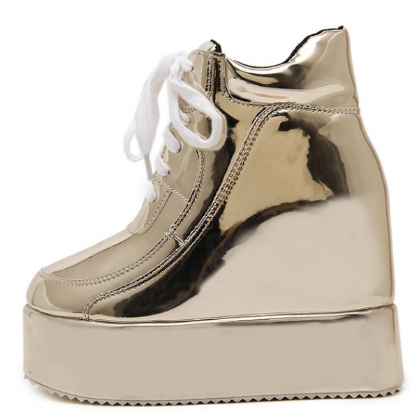 Gold Metallic Shiny Mirror Platforms Lace Up High Top Wedges Sneakers Shoes