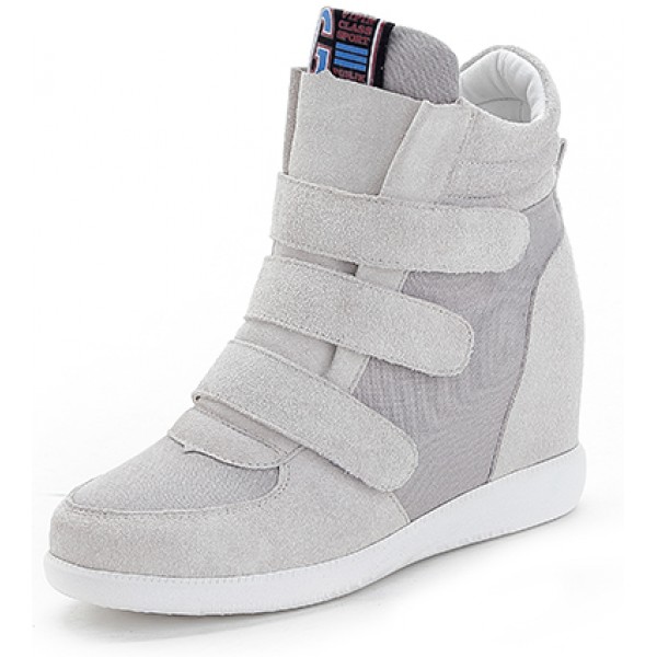 Grey Suede Velcro Platforms Sole High Top Hidden Wedges Womens Sneakers Loafers Shoes