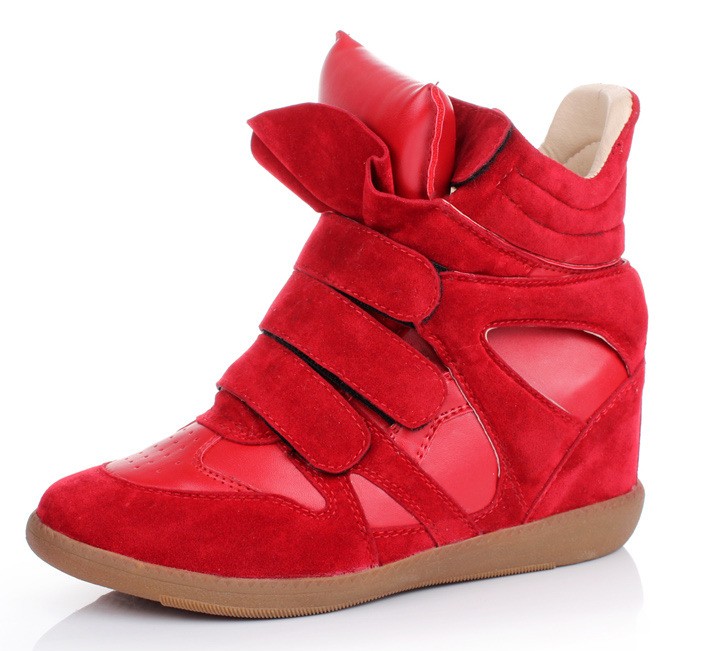 Red High Top Velcro Tapes Hidden Wedges Sneakers Shoes