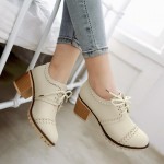 Cream White Vintage Lace Up High Heels Women Oxfords Shoes