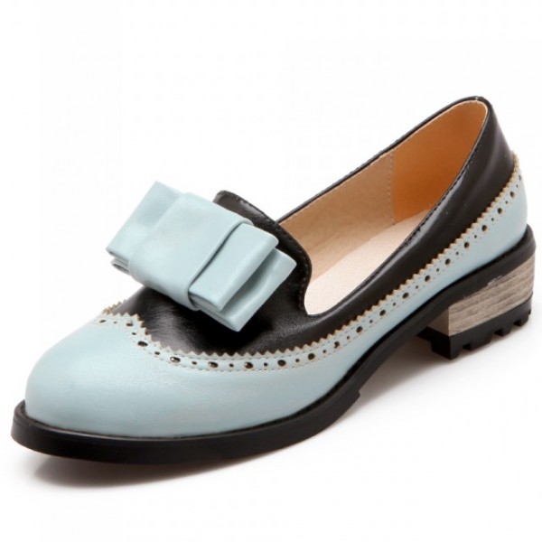 Blue Vintage Pastel Bow Womens Dress Loafers Flats Shoes