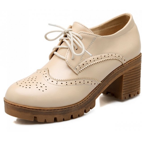 Cream Beige Old School Vintage Lace Up High Heels Women Oxfords Shoes