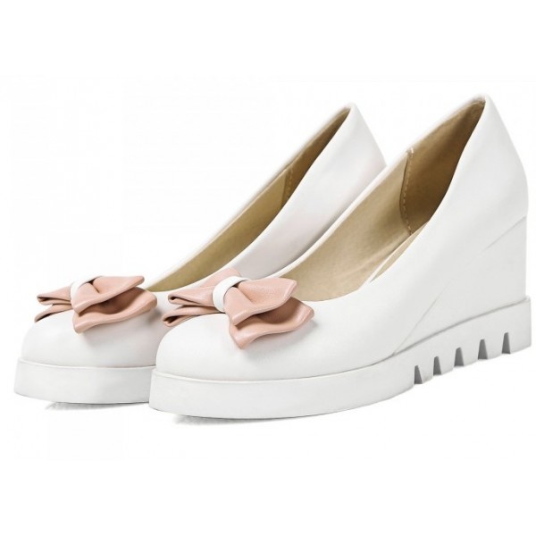 White Pink Pastel Bow Point Head Platforms Wedges Ballerina Ballet Flats Shoes