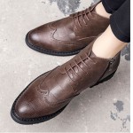 Brown Lace Up Pointed Head Checkers Patterned Dappermen Mens Oxfords Shoes Ankle Boots