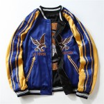 Blue Black Satin Embroidery Reversible Eagle Mens Aviator Baseball Yokosuka Bomber Jacket
